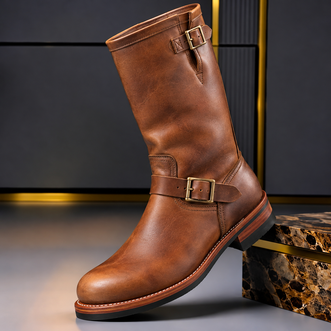 Herrens Äkta Läder Ingenjörsstövlar – Mid-Calf Spänne Skor för Höst och Vinter