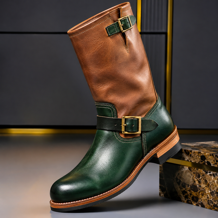 Herrens Äkta Läder Ingenjörsstövlar – Mid-Calf Spänne Skor för Höst och Vinter