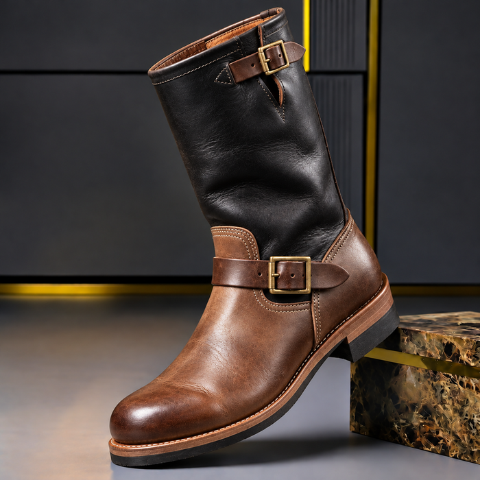 Herrens Äkta Läder Ingenjörsstövlar – Mid-Calf Spänne Skor för Höst och Vinter
