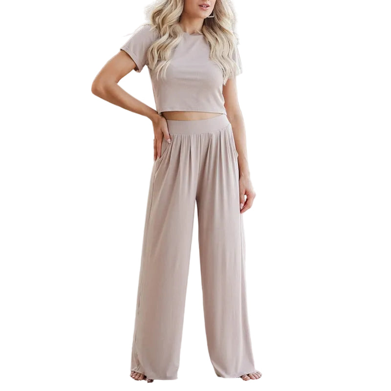 Kvinnors Avslappnat Tvådelat Loungewear Set – Kortärmad T-Shirt och Vida Byxor för Sommaren
