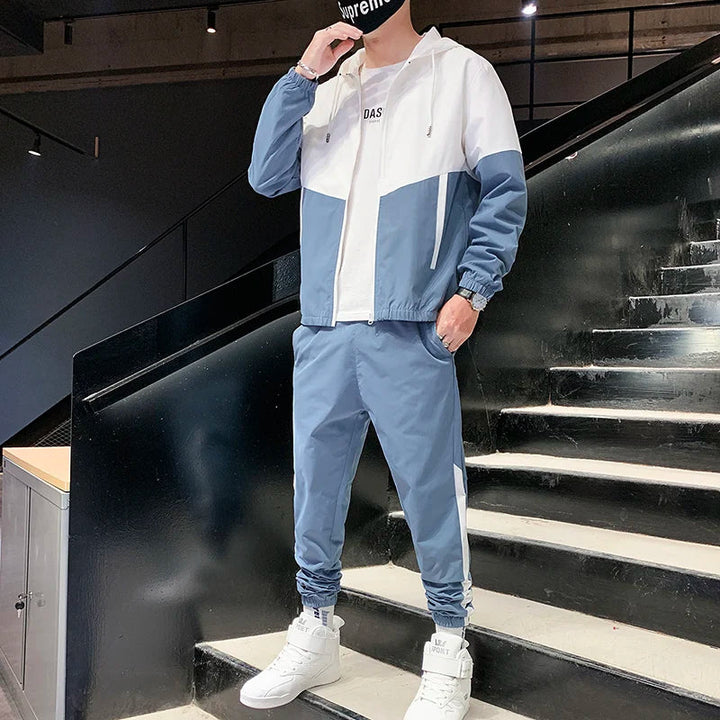 Mäns Tvådelade Träningsoverall Casual Joggers och Huva Sportjacka Set Bekväm Streetwear Hip Hop Löpningsoutfit
