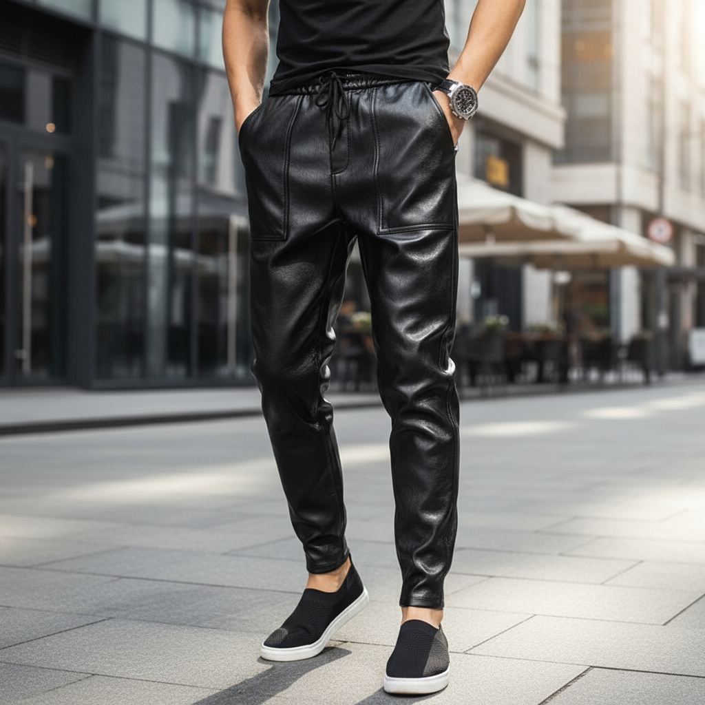 Herrarnas konstläderbyxor – Taperade dragsko-byxor för smart casual användning