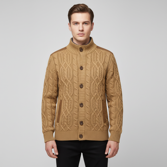 Herrarnas kabelstickade knappcardigan med ståkrage