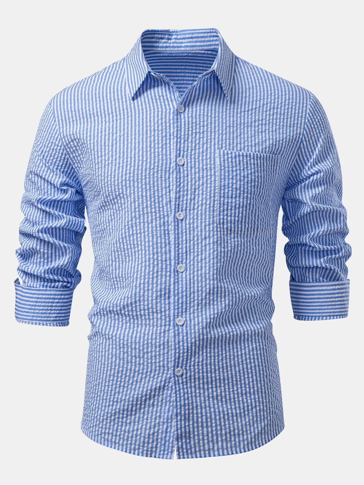 Herr Seersucker Skjorta med Knapp – Regular Fit Smart Casual Lager för Arbetsdagar och Helger