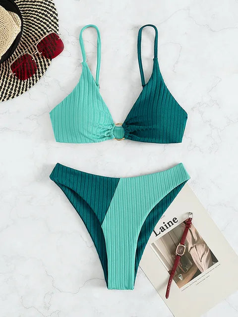 Kvinnors Bikini Set Ribbad Ringdetalj Högskuren Badkläder