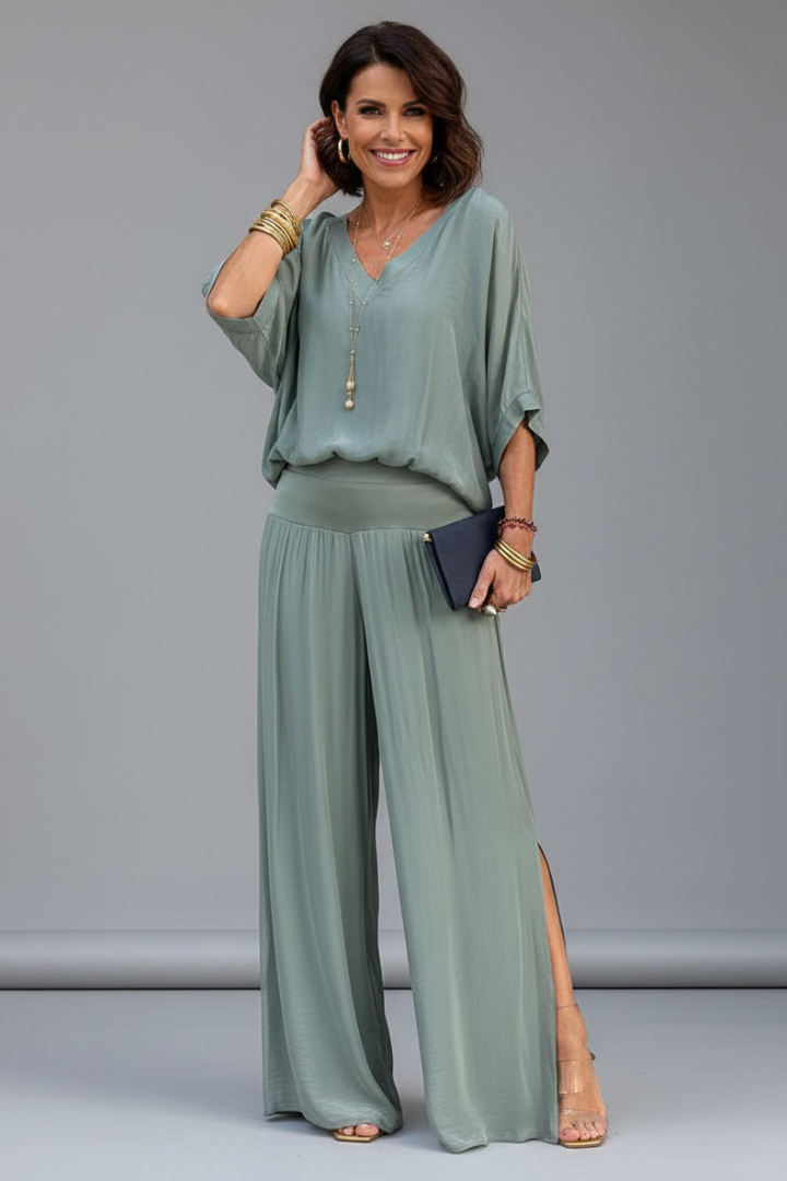 Kvinnors Batwing Topp och Vida Byxor Set – Andningsbar Sommar Occasion Koord