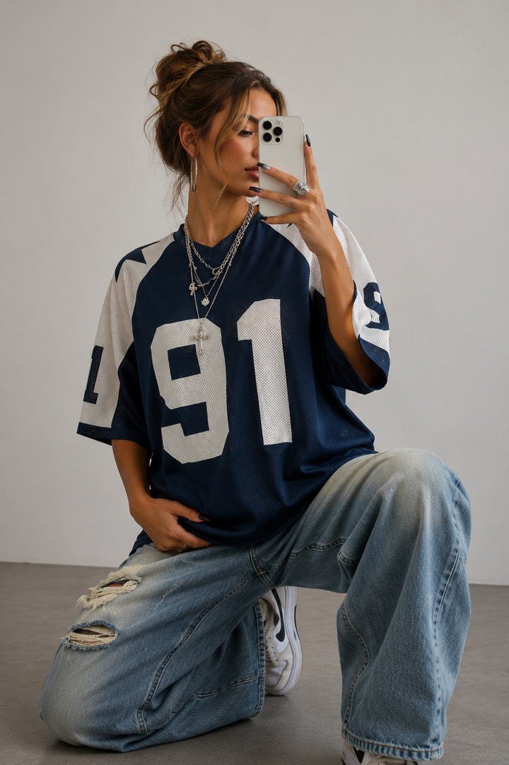 Kvinnors Oversized Jersey Skjorta Tryckt Sportig Mesh Topp