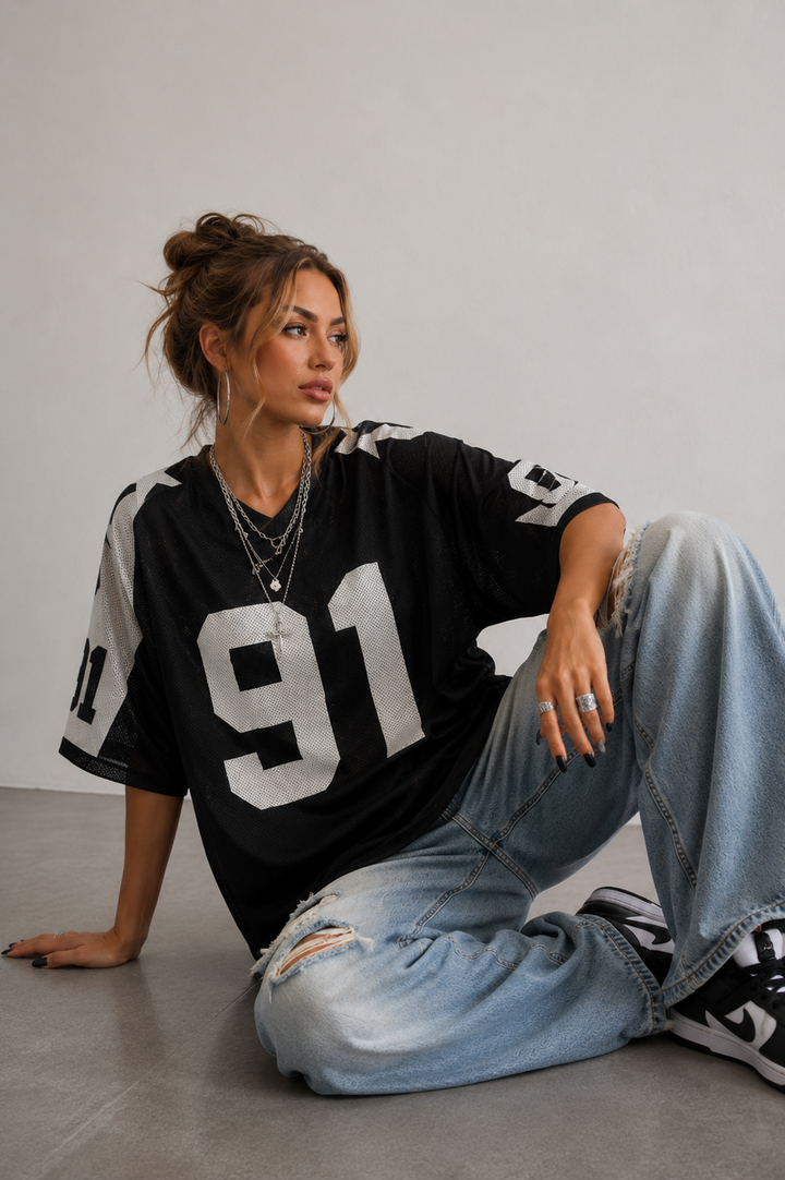 Kvinnors Oversized Jersey Skjorta Tryckt Sportig Mesh Topp