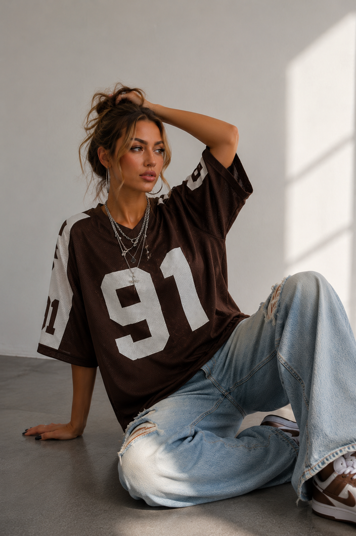 Kvinnors Oversized Jersey Skjorta Tryckt Sportig Mesh Topp