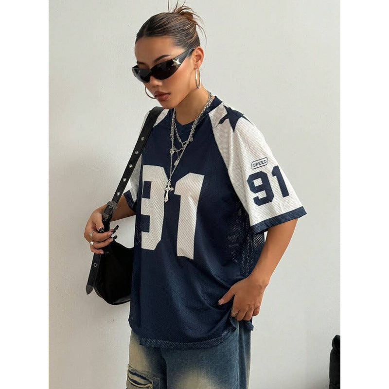 Kvinnors Oversized Jersey Skjorta Tryckt Sportig Mesh Topp