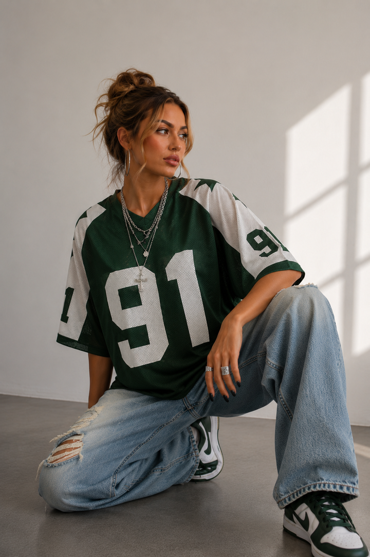 Kvinnors Oversized Jersey Skjorta Tryckt Sportig Mesh Topp