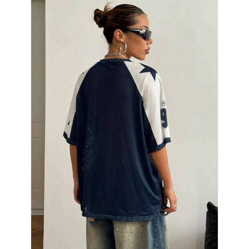 Kvinnors Oversized Jersey Skjorta Tryckt Sportig Mesh Topp