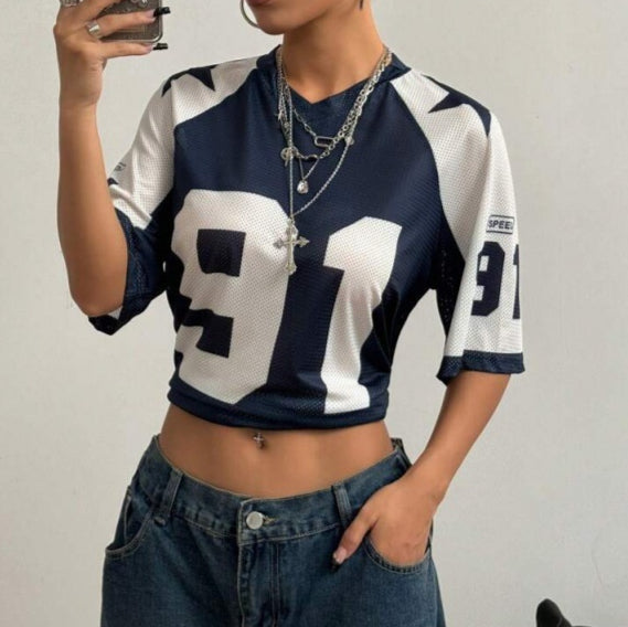 Kvinnors Oversized Jersey Skjorta Tryckt Sportig Mesh Topp