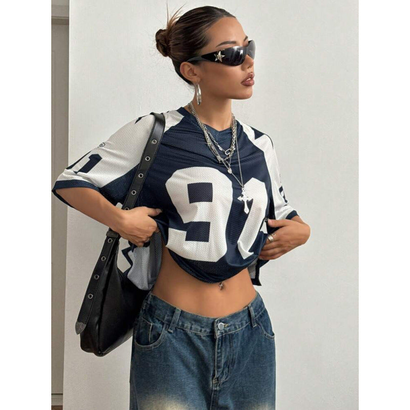 Kvinnors Oversized Jersey Skjorta Tryckt Sportig Mesh Topp