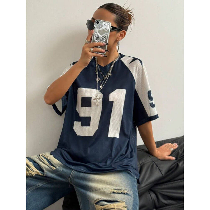Kvinnors Oversized Jersey Skjorta Tryckt Sportig Mesh Topp