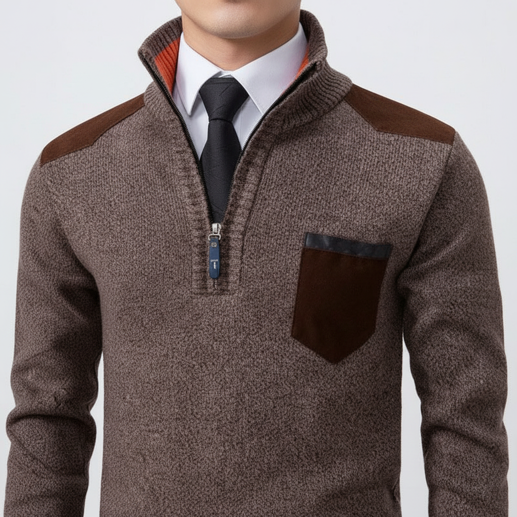 Herrarnas kvartzip cashmere-tröja med bröstficka