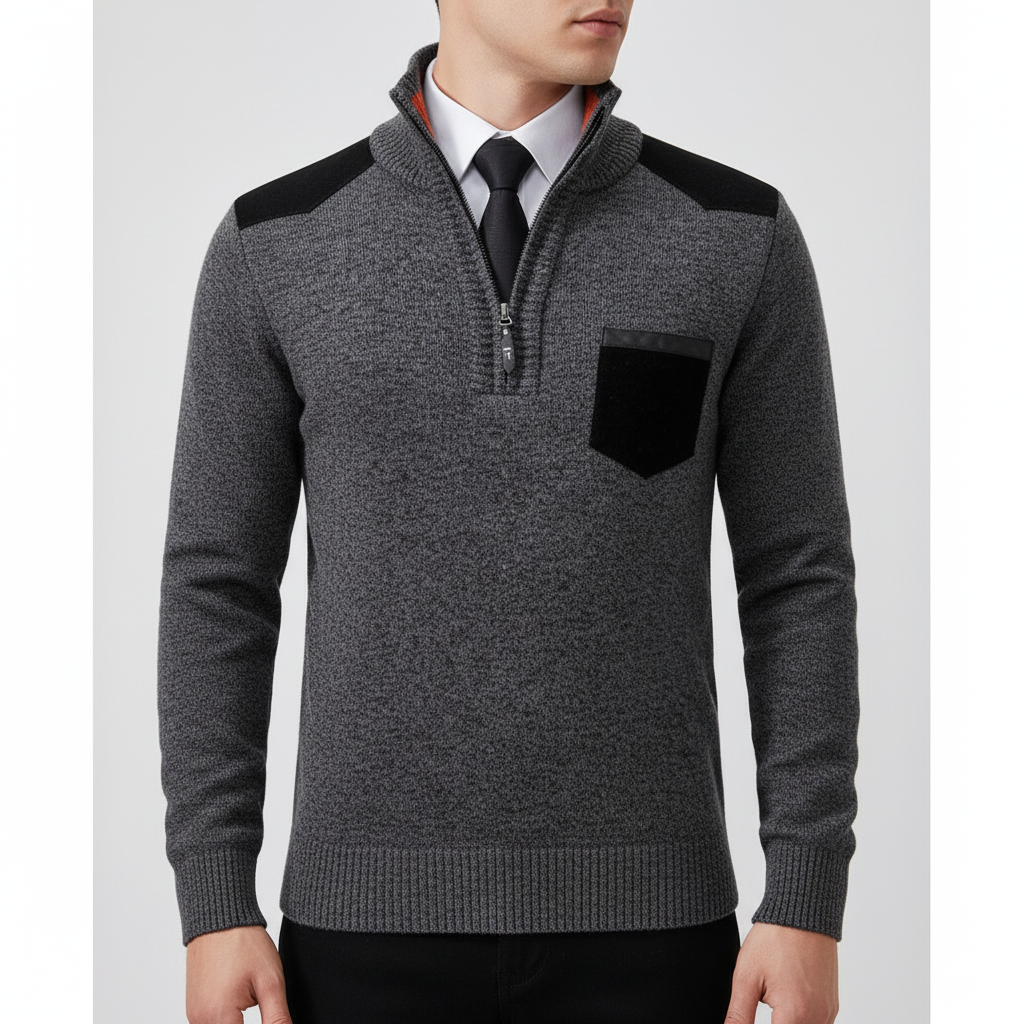 Herrarnas kvartzip cashmere-tröja med bröstficka