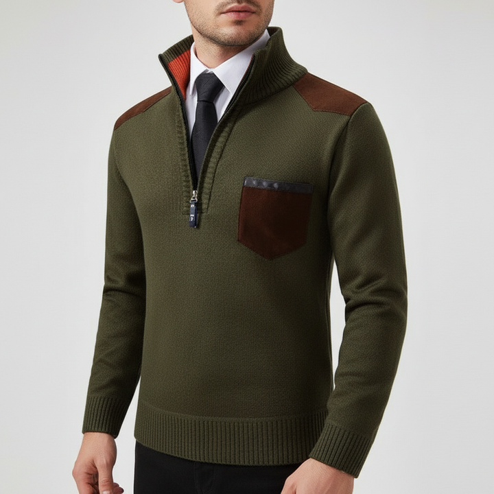 Herrarnas kvartzip cashmere-tröja med bröstficka