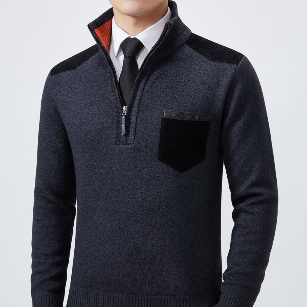 Herrarnas kvartzip cashmere-tröja med bröstficka