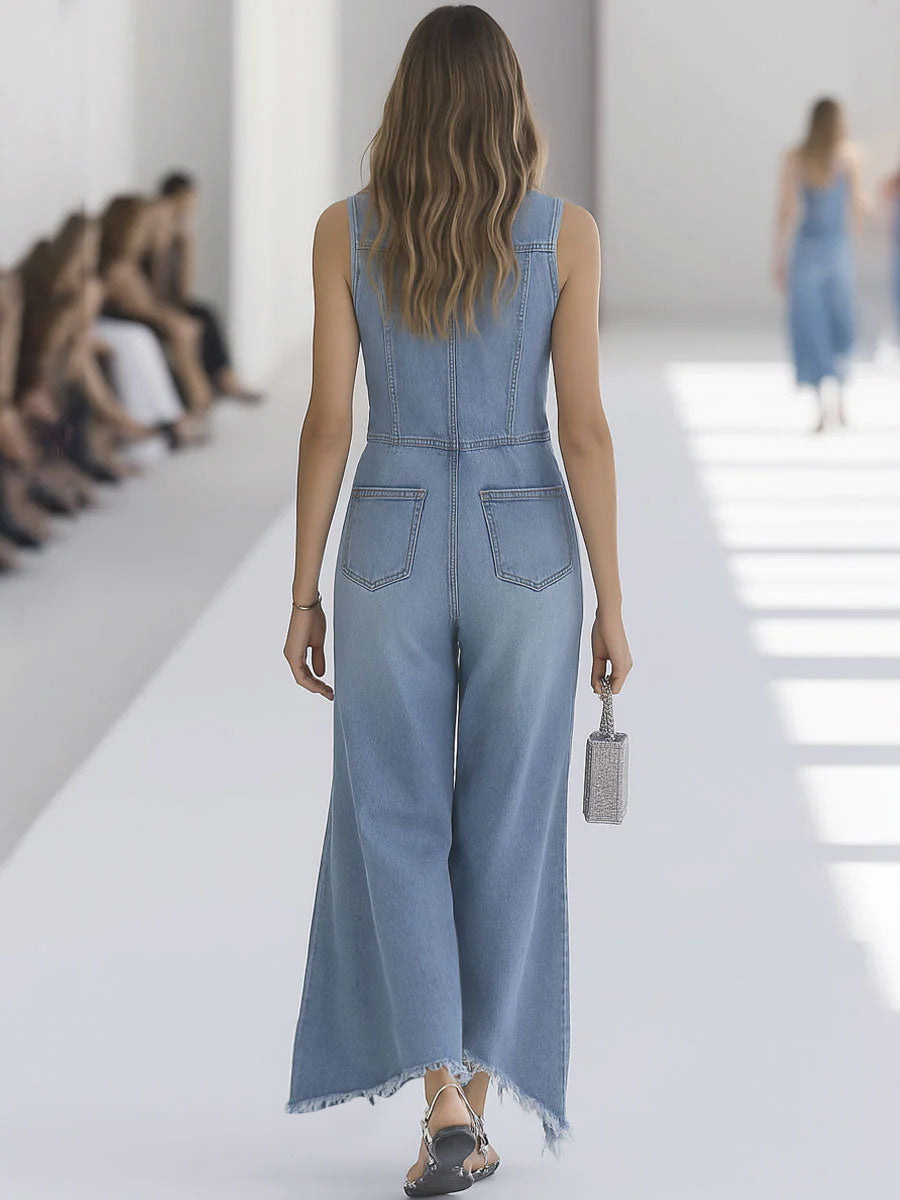 Kvinnors ärmlös denim jumpsuit – Vidbenad knapplistmodell för avslappnad sommarstil