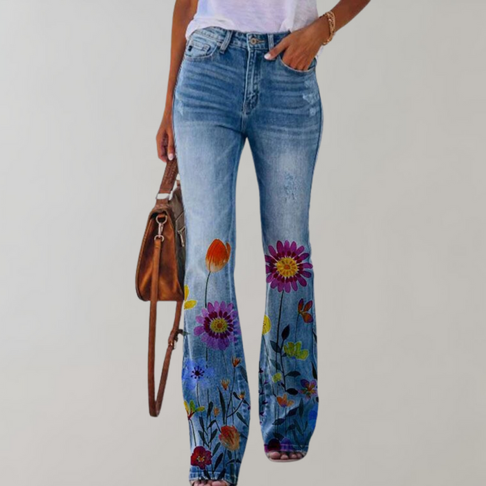 Dam Flared Jeans med Hög Midja och Blomprint