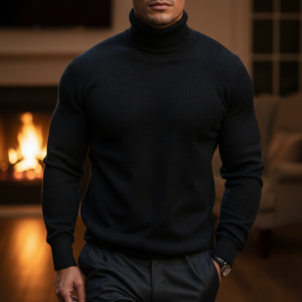 Herrarnas Finstickade Turtleneck Tröja med Ribbad Kant