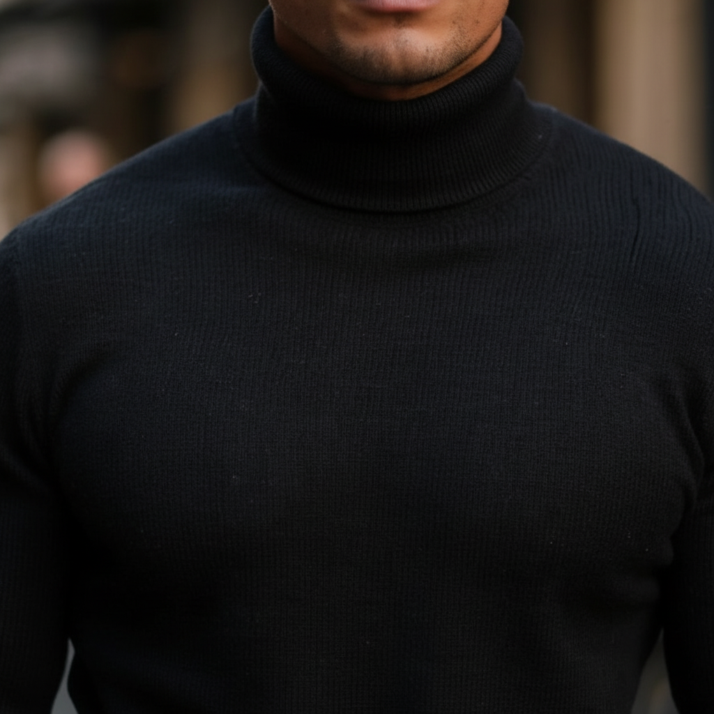 Herrarnas Finstickade Turtleneck Tröja med Ribbad Kant