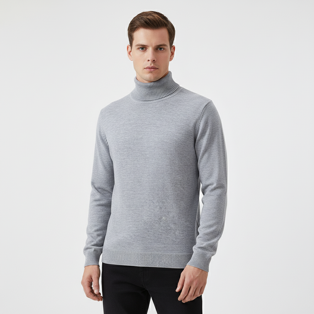 Herrarnas Finstickade Turtleneck Tröja med Ribbad Kant