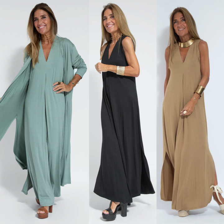 Kvinnors Stretch Maxi Klänning och Cardigan Set – Elegant Tvådelad Outfit för Arbete och Smart Avslappnad Klädsel