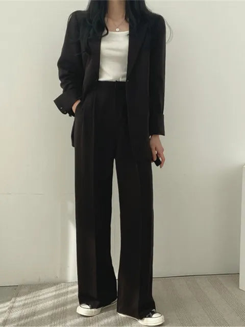 Dam Tvådelad Kostym med Blazer och Vida Byxor