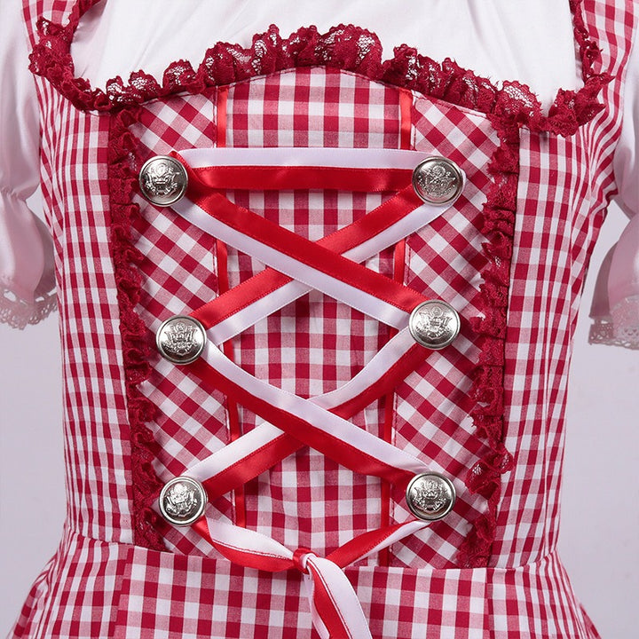 Kvinnors Rutig Dirndl Klänning – Snörning Oktoberfest Midi för Traditionella Firanden