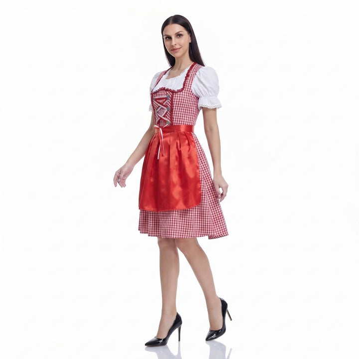 Kvinnors Rutig Dirndl Klänning – Snörning Oktoberfest Midi för Traditionella Firanden
