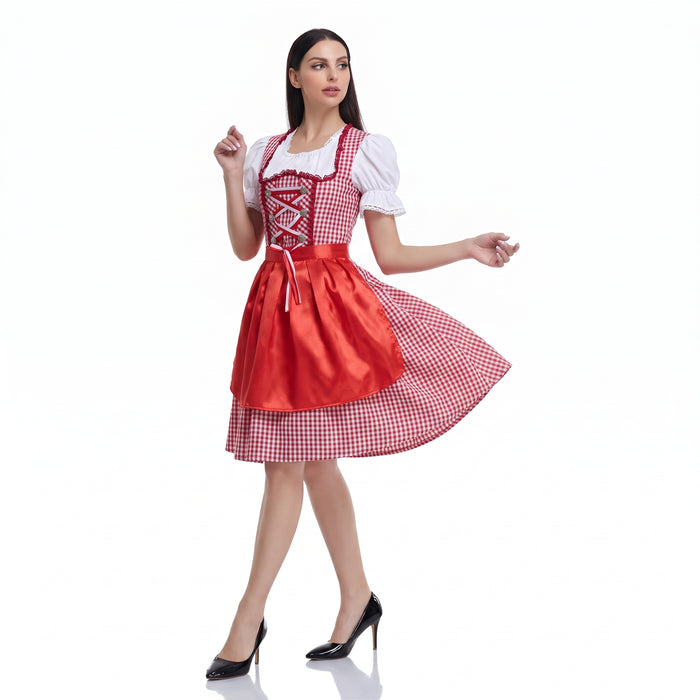 Kvinnors Rutig Dirndl Klänning – Snörning Oktoberfest Midi för Traditionella Firanden