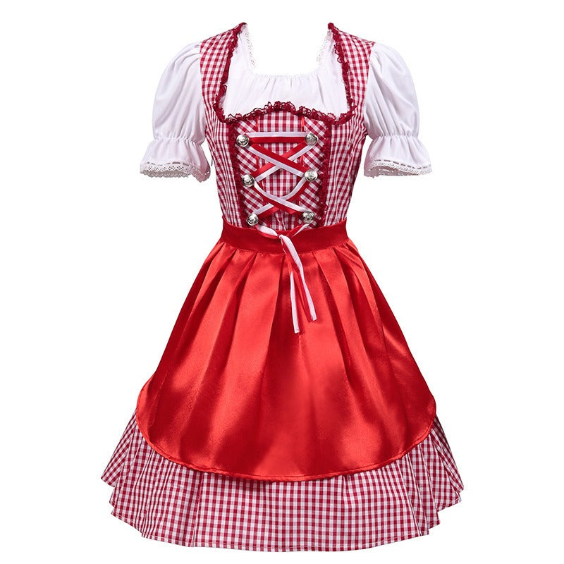 Kvinnors Rutig Dirndl Klänning – Snörning Oktoberfest Midi för Traditionella Firanden