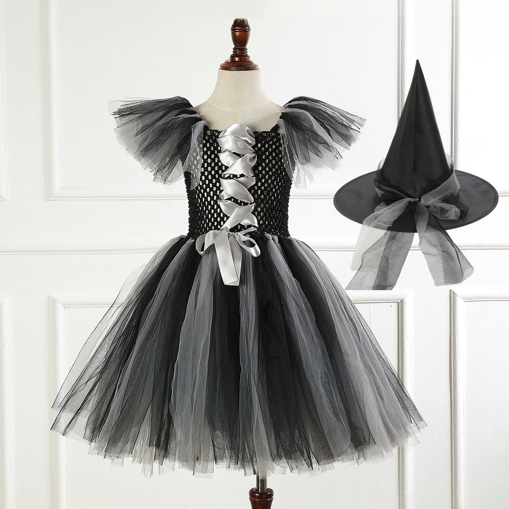 Kvinnors svarta och orange häxdress, hatt och bälte Halloween-kostym