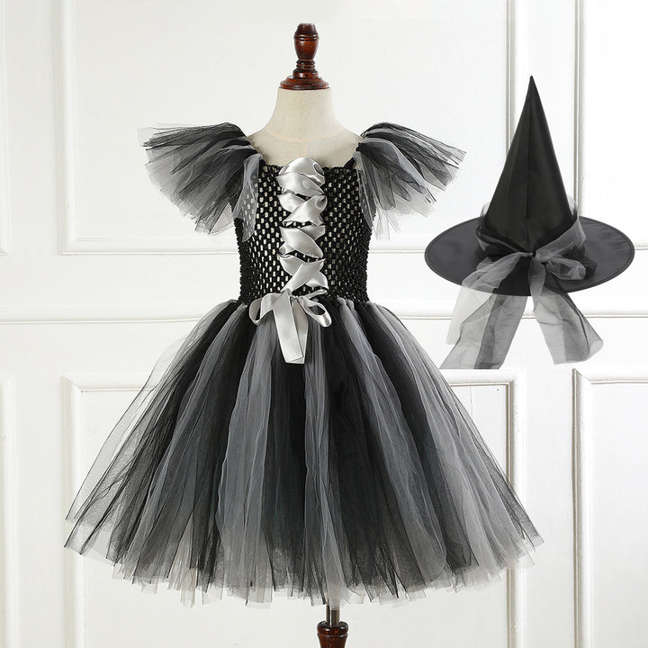 Kvinnors svarta och orange häxdress, hatt och bälte Halloween-kostym