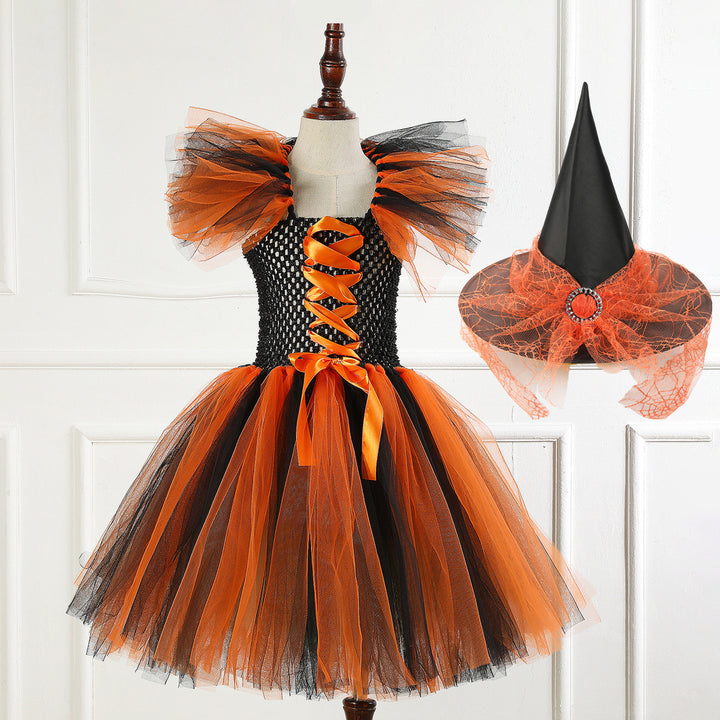 Kvinnors svarta och orange häxdress, hatt och bälte Halloween-kostym