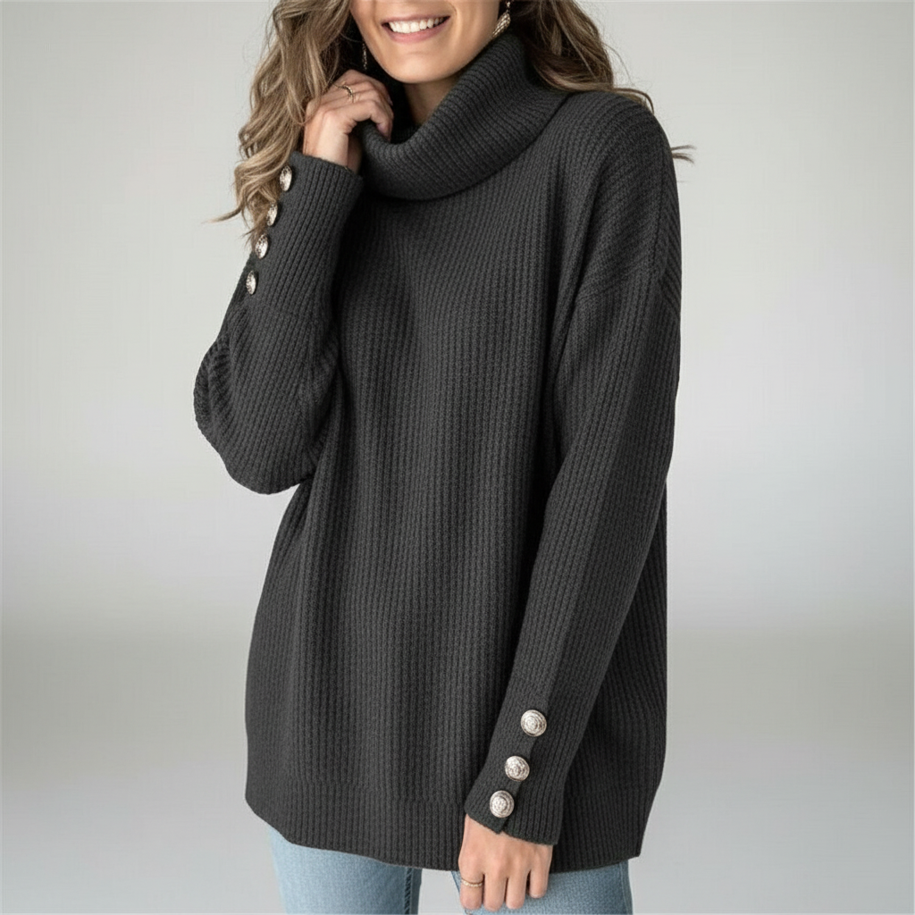 Kvinnors Ribbad Cowl Neck Tröja med Knappmanschetter