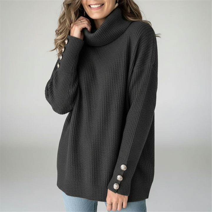 Kvinnors Ribbad Cowl Neck Tröja med Knappmanschetter