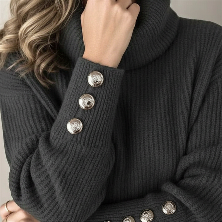 Kvinnors Ribbad Cowl Neck Tröja med Knappmanschetter