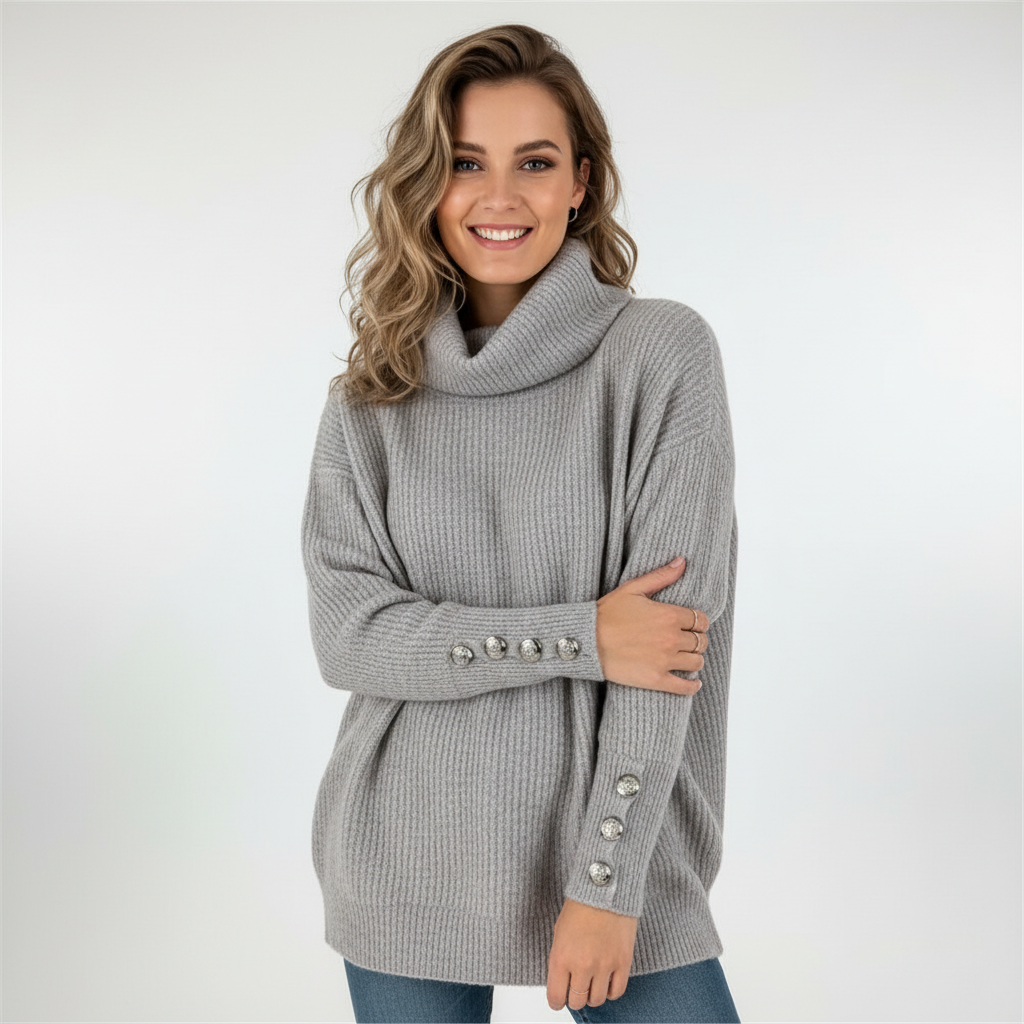 Kvinnors Ribbad Cowl Neck Tröja med Knappmanschetter