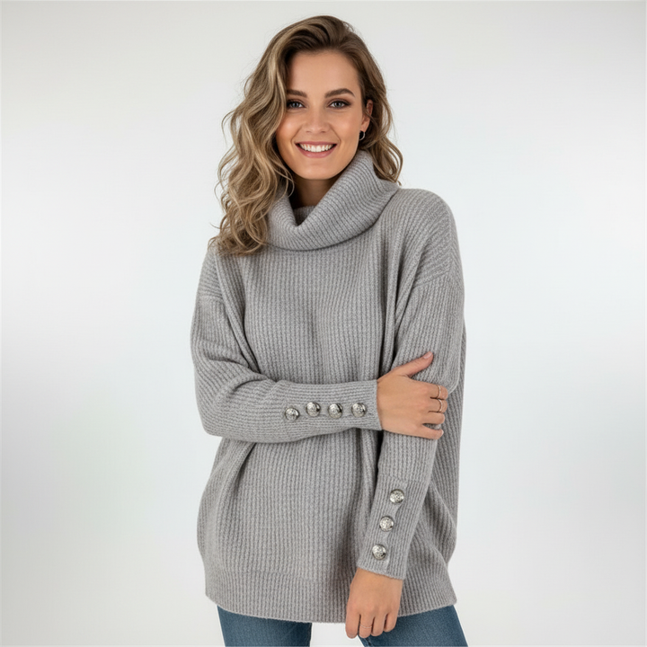 Kvinnors Ribbad Cowl Neck Tröja med Knappmanschetter