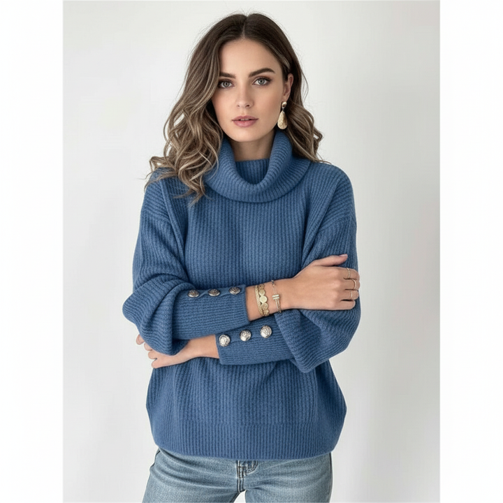 Kvinnors Ribbad Cowl Neck Tröja med Knappmanschetter