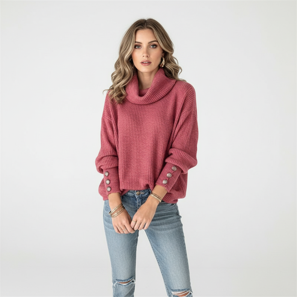 Kvinnors Ribbad Cowl Neck Tröja med Knappmanschetter