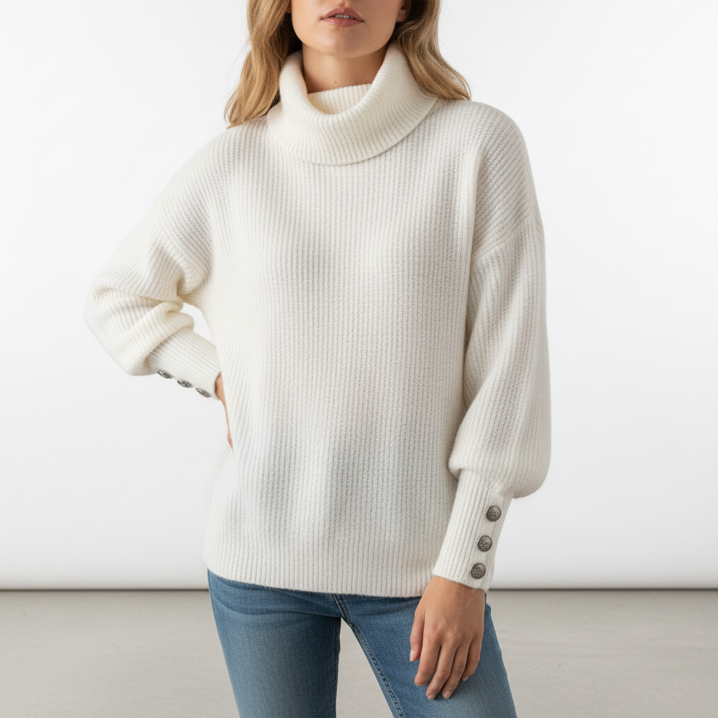 Kvinnors Ribbad Cowl Neck Tröja med Knappmanschetter