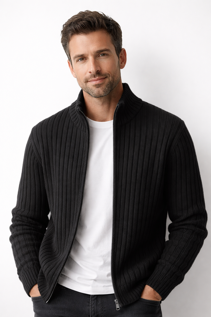Mäns Ribbad Zip Cardigan Med Ståkrage Stickad Jacka