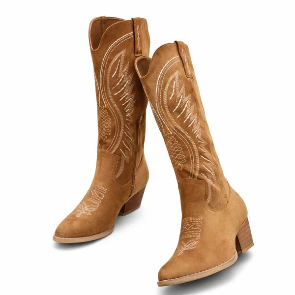 Kvinnors Broderade Västerboots med Medelhög Skaft och Låg Klack