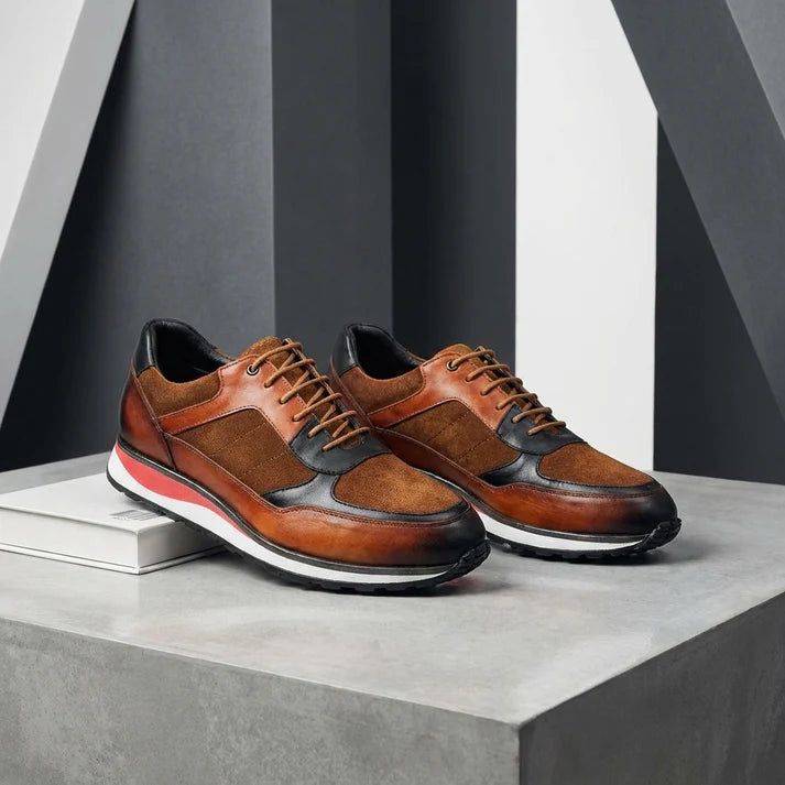 Mäns sneakers i fullnarvskinn med mockadetaljer – Dämpade smarta avslappnade snörskor