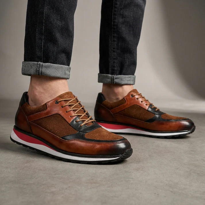 Mäns sneakers i fullnarvskinn med mockadetaljer – Dämpade smarta avslappnade snörskor