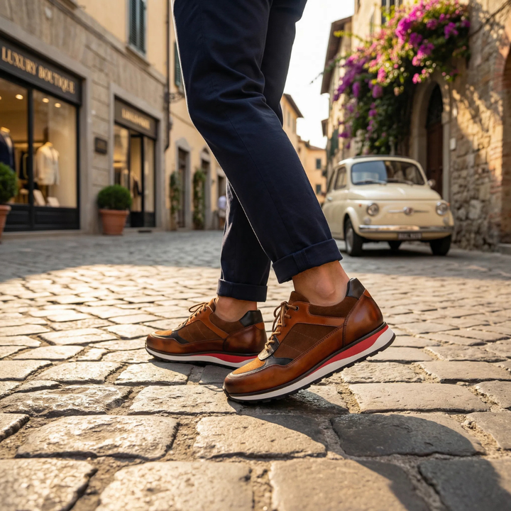 Mäns sneakers i fullnarvskinn med mockadetaljer – Dämpade smarta avslappnade snörskor